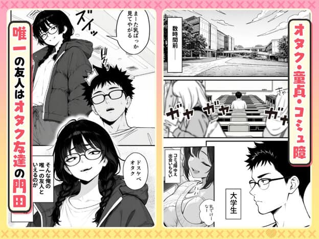 唯一の友人と書かれた門田がコート姿と笑顔のアップで描かれ、右側に大学生活のコマが入る