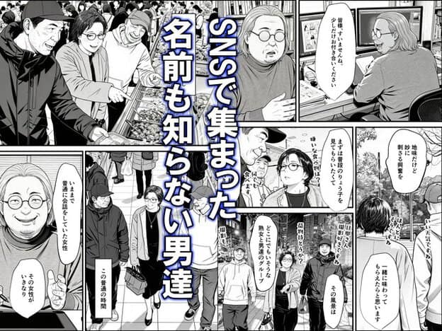 妻は眼鏡とネックレス、明るい色の上着を身につけ、帽子姿の男性たちと店内を歩く